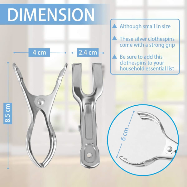 Klesklyper, 6 stk rustfritt stål klesklyper, rengjøringsklyper for håndklær dyne plagg dyner laken tepper