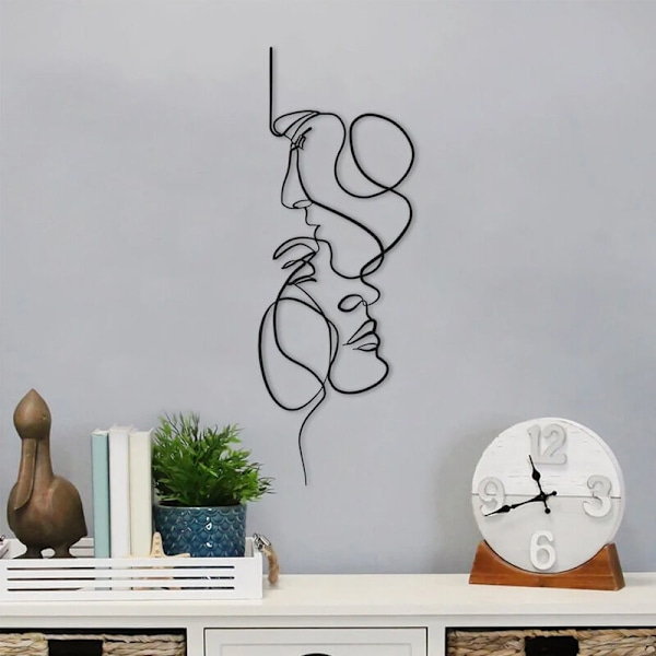 Minimalistisk Metall Väggkonst 30 x 10 cm Metall Väggdekor Svart Ansikte Konst Enkel Linje Väggdekoration Svart Ansikte för Sovrum Matsal Kök Hall
