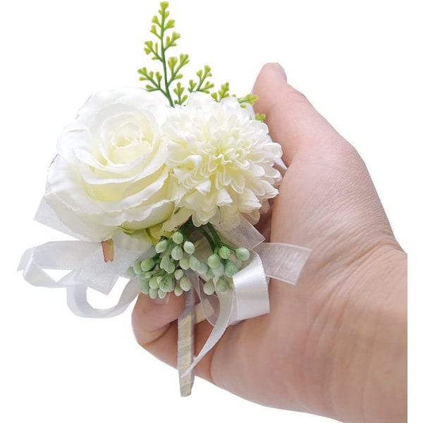 (Hvid) 1 sæt, 2 kunstige håndledsblomster, bryllupscorsage, rosencorsage, bryllupshåndledsblomst, håndledsblomst, egnet til bryllup, banket, fødselsdag