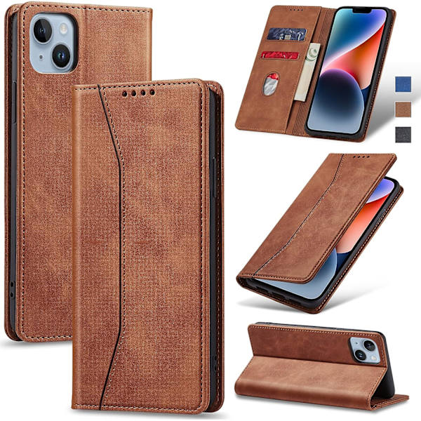 Fodral för iPhone 14, PU-läder plånboksfodral [Stötsäker] [Magnetisk] [Korthållare] [Stativfunktion] Flip-fodral (Brun)