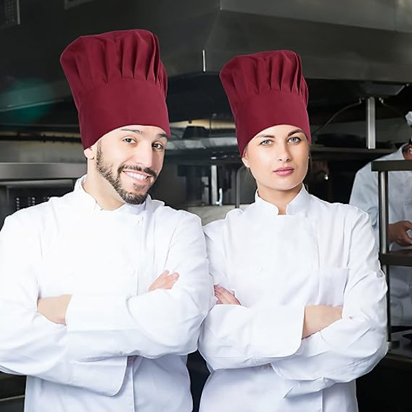 2 vuxna kockhattar, röd kockhatt för män och kvinnor, justerbar kökshatt med resår, återanvändbar professionell kockhatt