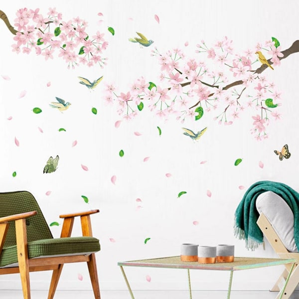 En uppsättning väggdekaler gren med blommor fåglar fjäril, väggdekal för fönster, väggdekoration för vardagsrum sovrum kök