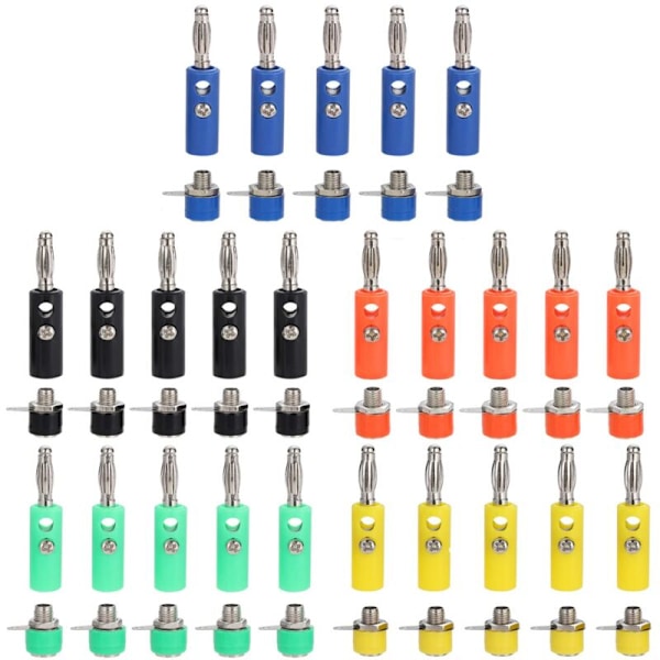 50-delars sats med 4 mm premium banankontakt: 25 bananstift + 25 bananhylsor (5 färger)