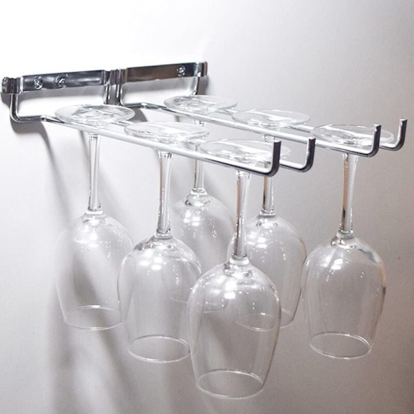 Hengende glass, forkrommet vinglass med to rader veggfeste for fotlinser under hylleoppbevaring for hjemmet og baren