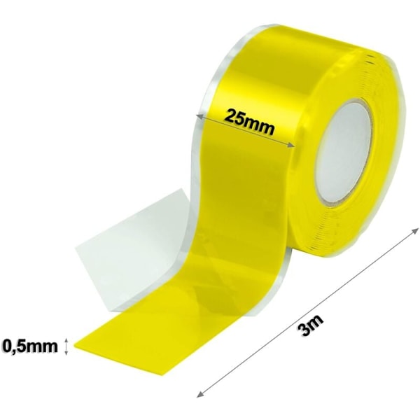 Gul 1x 3 m selvklæbende silikonebånd (selvklæbende, selvvulkaniserende), isoleringsstrimmel og tætningsbånd (vand, luft), 25 mm bred, ...