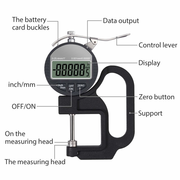 0-25,4 mm digital tykkelsesmåler 0,01/0,00005'' Mål tykkelse digitalt elektrisk mikrometer Mm/Tomme med LCD LCD-skjerm Stoff Lær Papir