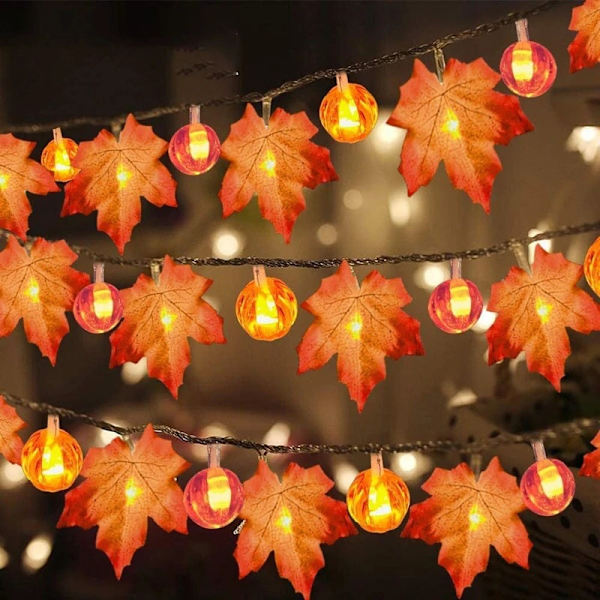 Efterårsguirlande med græskarlyskæde og overdimensioneret ahorn, Halloween Thanksgiving dekoration hjem indendørs udendørs efterårslys (40 LED'er)