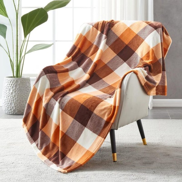Polar plaid tæppe til seng eller sofa i fleece, tæppe i ternet flannel til alle årstider 150 x 200 cm, orange