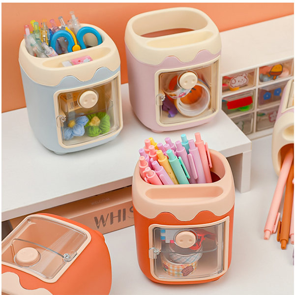 Tegneserie Multi Grid Piggy Pen Holder (pink), Sød Kosmetik Opbevaringshylde, Multifunktionel Opbevaringsbeholder, Klasseværelse Studerende Bord Desktop Station