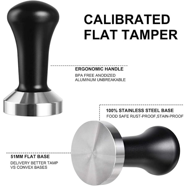 Kaffe Tamper 51mm, Espresso Kaffe Pressning Værktøj, BetterLife Rustfrit Stål Flad Kaffe Pulver Hammer (Sort)
