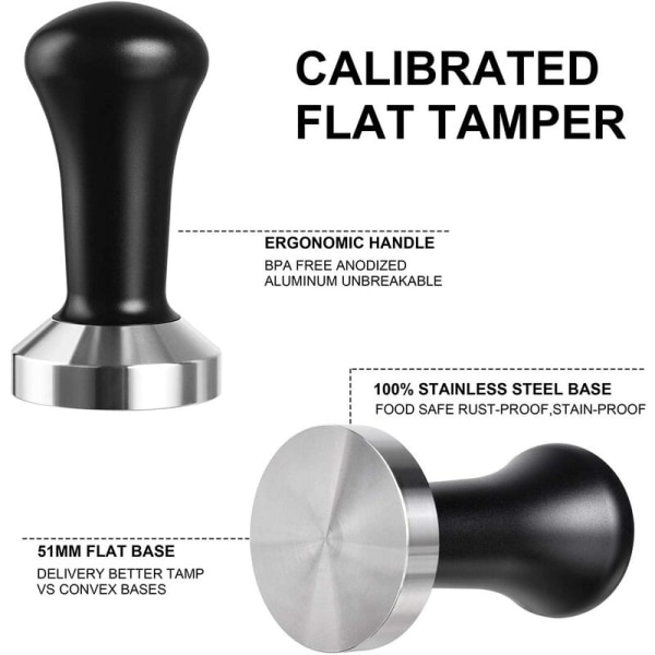 Kaffe Tamper 51mm, Espressokaffe Pressverktyg, BetterLife Rostfritt Stål Platt Kaffe Pulver Hammare (Svart)