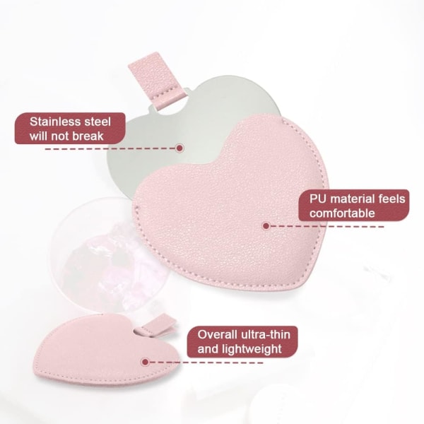 Ruostumattomasta teräksestä valmistettu kompakti peili, sydämenmuotoinen särkymätön tasku