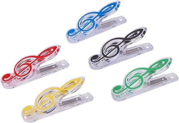 Musikarknumre - sæt med 5 gennemsigtige plastikclips til bogsider og noder.