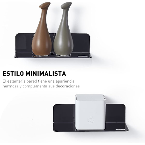 Svart väggshylla set om 2, utbyggbart väggavstånd utan skada - 22,9 cm akryl väggavstånd för smart högtalare, actionfigurer, kamera, med 4 kablar