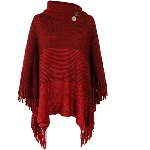 Dame poncho sjal tørklæde oversized vinter tørklæde strikket poncho pullover varm(rød)
