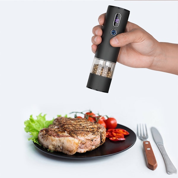 Elektrisk Pepperkvern - USB Oppladbar, Justerbar Keramisk Kvern, LED Lys (1 Pakke, Rustfritt Stål)