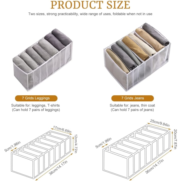 2 Pack Wardrobe Clothes Organizer, Washable Jeans Compartment Storage Box (36*25*20cm + 36*17*12cm, 7 Grids)