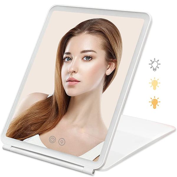 LED Kosmetisk Spegel, Bärbar Fällbar Laddningsbar Förstorande 1X 3X 3 Färg LED Ljus Dimbar Touch Screen Resespegel för Kvinnor och Flickor