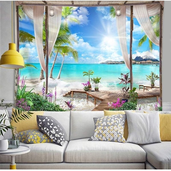 Stranddekoration gobeläng, hav, tropisk ö, palm, panoramautsikt från balkongen, tropiskt sommarlandskap, väggbonad att hänga för b