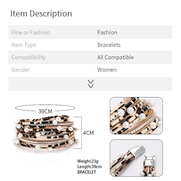 Dam PU läderarmband smycken, läderlindat armband, bohemiskt leopardmönster flerskiktat pärlarmband smycken (khaki leopardmönster