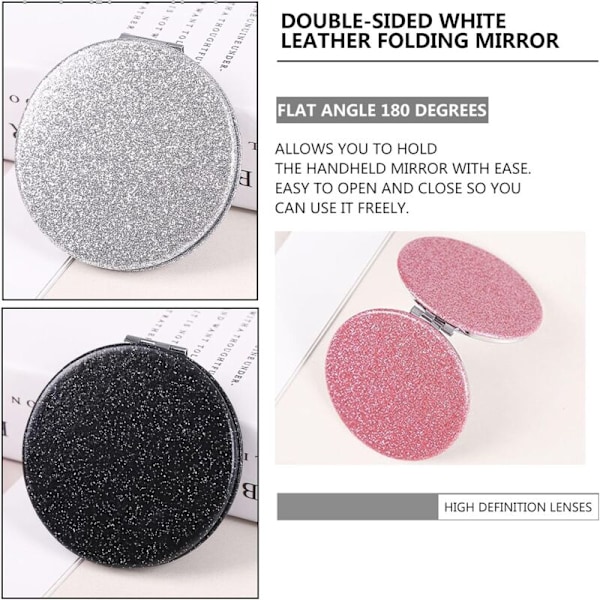 2 stk. spejl lomme makeup pu, mini dobbeltsidet foldespejl til rejser, professionelle ture (rund sort)