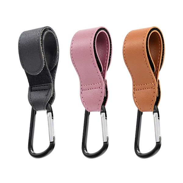 2 stk. klapvognskroge (sort + brun + pink), premium læder-stil klapvognsclipsrem, klapvognskroge til pusletasker, indkøbsposer, mor kroge spadseretur