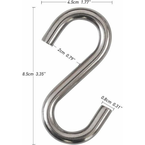 Parti med 2 rustfrie stålkroker 304 Robuste S-kroker for hengekøye/huske på 7,6 cm, brukskroker av industriell kvalitet