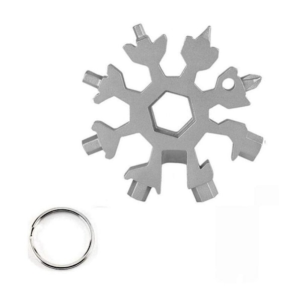 18-EU-1 Flocon Multifunktionellt Flocon-verktyg, skruvmejsel i form av en snöflinga/Bouteille/nyckelring för dagliga resor Camping Multifunktionella verktyg (sil