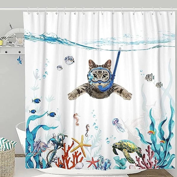 Suihkuverhosetti, hometta kestävä 180 x 180 cm (71 x 71 tuumaa), 3D-teräväpiirtosukeltava kissan suihkuverho, pestävä polyesteri, 12 koukulla