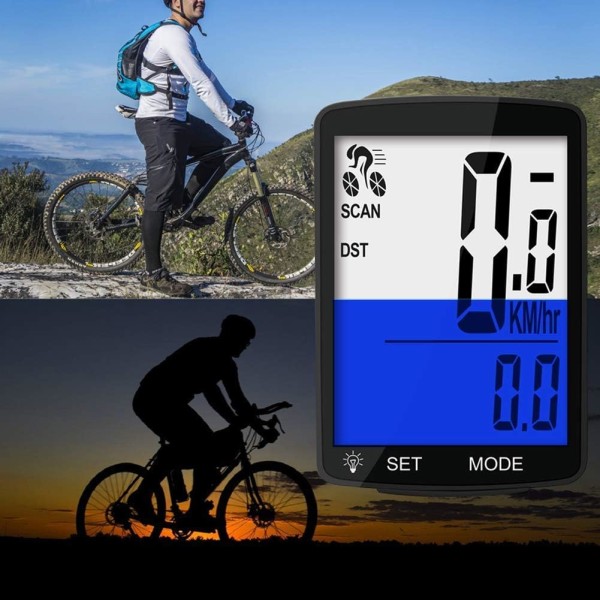 （7,8 x 5 cm, blåt lys）Trådløs LCD-cykelcomputer Vandtæt skridttæller Hastighedsmåler Automatisk hukommelse Temperaturmåling