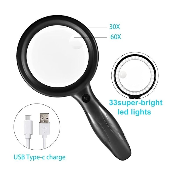 Lukulasin suurennuslasi, 60X 30X 33LED Suurennuslasi valolla, USB Ladattava LED Suurennuslasi, Valaistu Suurennuslasi lukemiseen