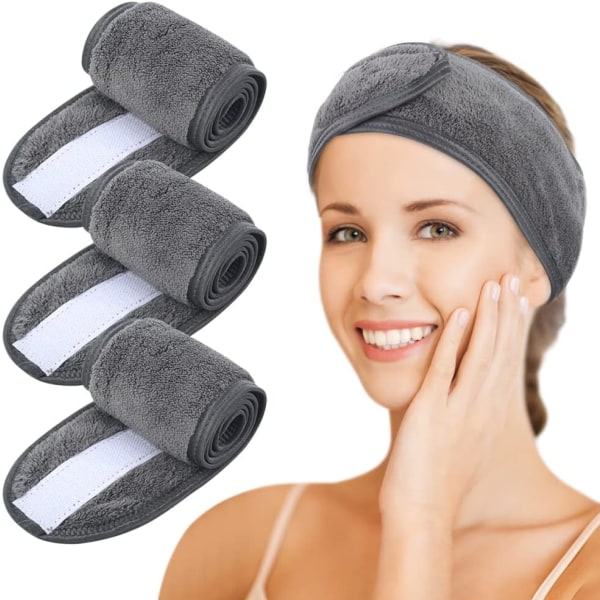 Mikrofiber Spa Hårbånd Kvinner Sminke Hår Vaskbar Ansiktsbånd Wrap Hodebånd med Magisk Tape for Sminke Bad, Sminke og Sport Mørk Grå - 3 Pakk