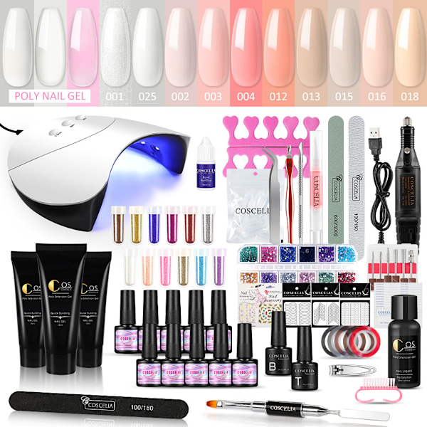 Negleforlængelse Nail Art Kit Gel Neglelak Kit Hurtig Opbygning Polymer Gel Kit Soak UV Led Lampe Tørre Fingre