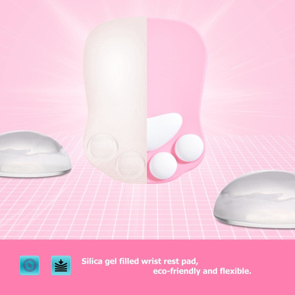 Musemåtte med kattepote, ergonomisk musemåtte, musemåtte med håndledsstøtte, velegnet til hjem/kontor/spil, musemåtte i pink og hvid