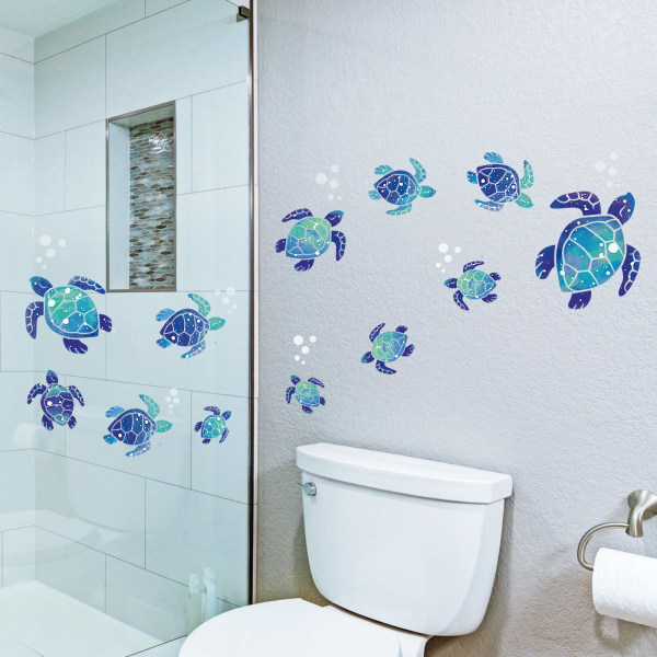 12 delar havssköldpadda väggdekor Turtle vinyl klistermärken Undervattens hav dekaler Vattentät väggdekor dekoration för badrum toalett (blå)