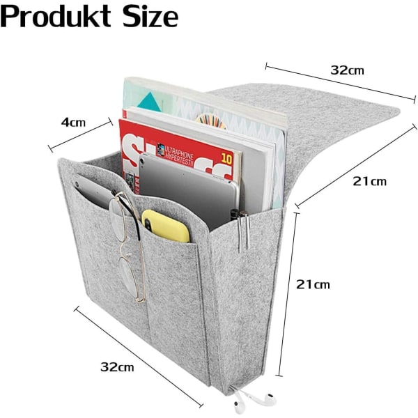 Grå soffa sovsäck - halkfri filt sängbord väska för böcker, tidningar, iPad, mobiltelefon, fjärrkontroll grå, hängande ficka sängförvaring