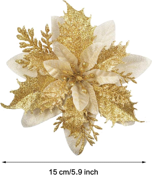 12 stk. (15 cm) Glitter juletræskunstblomster til juletræ