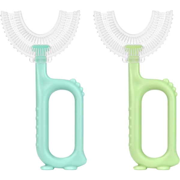2 U-formade barntandborstar (blå + grön), lämplig för barn 6-12 år, manuell tandborste, tandköttsmassage. Massager tandkött och ger en tho