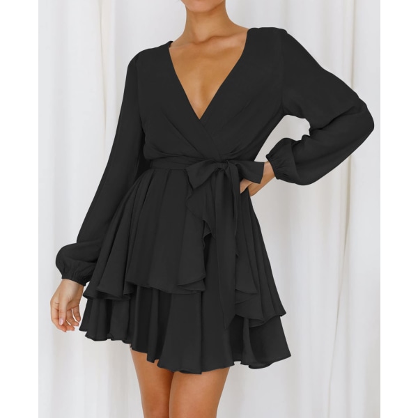 Women's Wrap V Neck Dress Long Sleeves, 2023 Tie Waist Ruffle Hem, Cocktail Wedding Party Swing Mini Dress