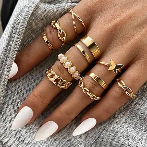 Set med 10 justerbara europeiska och amerikanska fjärilspärlringar i ny mode Ins Ring Set för kvinnor, guld