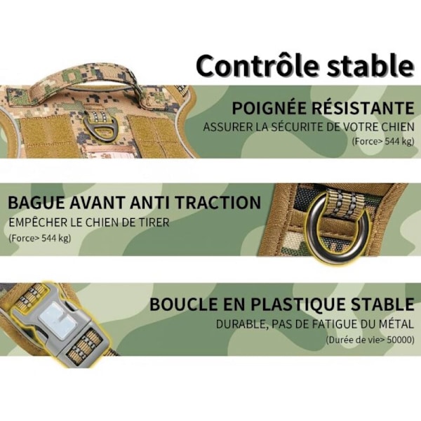 Militärmaterial storlek XL, Woodland Camo, Anti-drag hundsele, taktisk andningsbar hundsele lätt att sätta på för stor hund, lång -refl