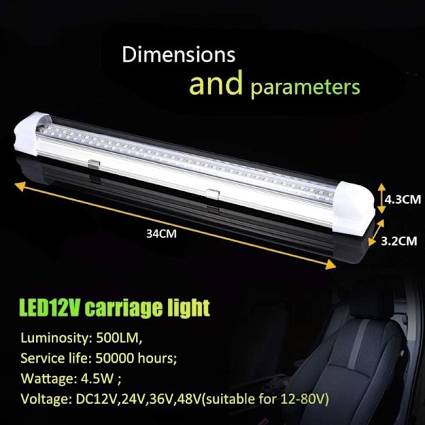 LED Lys Bar, DC 12-80V Bil Indvendig Lys 72 LEDs Skabslampe/Universal Belysning 500LM Til Skab/Bil, Lastbil, Køretøj, RV, Båd, Loftslampe (1 stk)