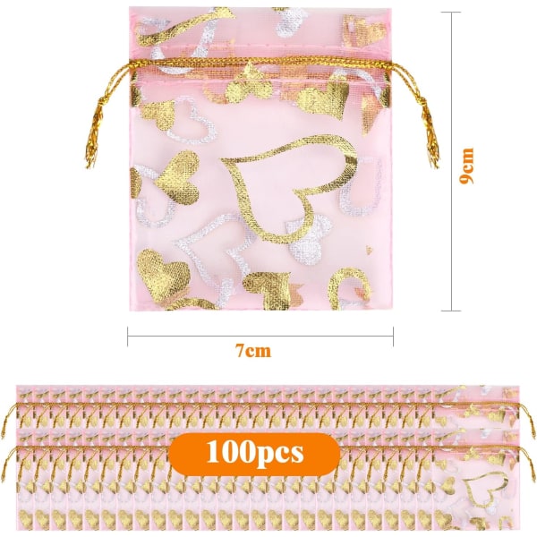 100 små organzasmyckespåsar (rosa) presentpåsar 7x9cm/2,76x3,43