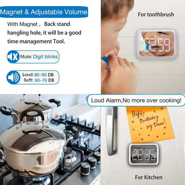 Kök timer (vit), 4\" digital klassrumstimer för barn, stor magnetisk LED nedräkningstimer med kontinuerlig ljusfunktion för klassrum, qu