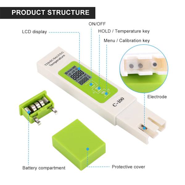 Vandkvalitetstester, TDS EC Vandkvalitetstester, C-100 Saltvandssaltindholdstestpen, 5 i 1 Vandkvalitetsdetektor, Multifunktionelt værktøj til hjemmet