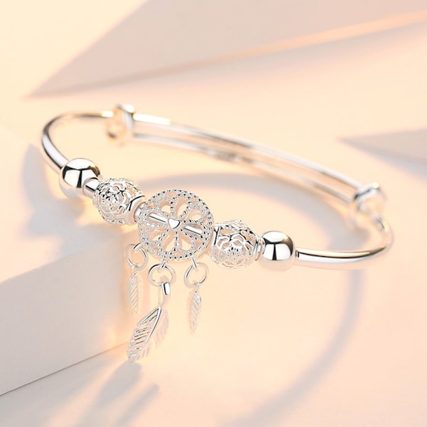 Justerbar 925 Sterling Silver Drömfångare Tassel Pärla Charm Armband och Bangles