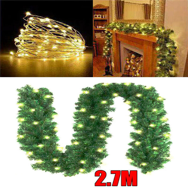 Juleguirlande Lys Kunstig Gran Dekoration med Varmt Hvidt Lys til Dør Vindue Gelænder 2,7m 30 LED'er