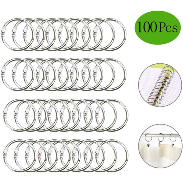 Bogringe, Bindeled, 100 stk. Metalringe Notesbog Nøgleringe Hængselringe til Albummer Scrapbøger Metalbruser(25mm)