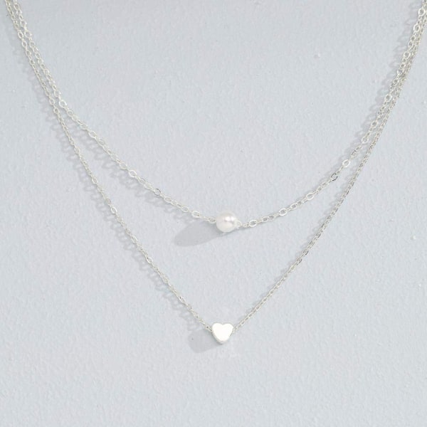 Sølv flerlags halskæder hjerte vedhæng perle halskæde kæde Je