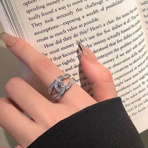 Dobbelt C spænde damering kobber platinbelagt zircon smykker ring (2 stk.)